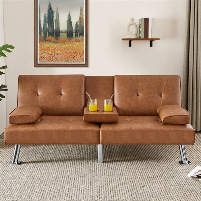 3 - in - 1 Convertible Futon Sofa Bed with Cup Holders and Plush Pillows - Monsta Online