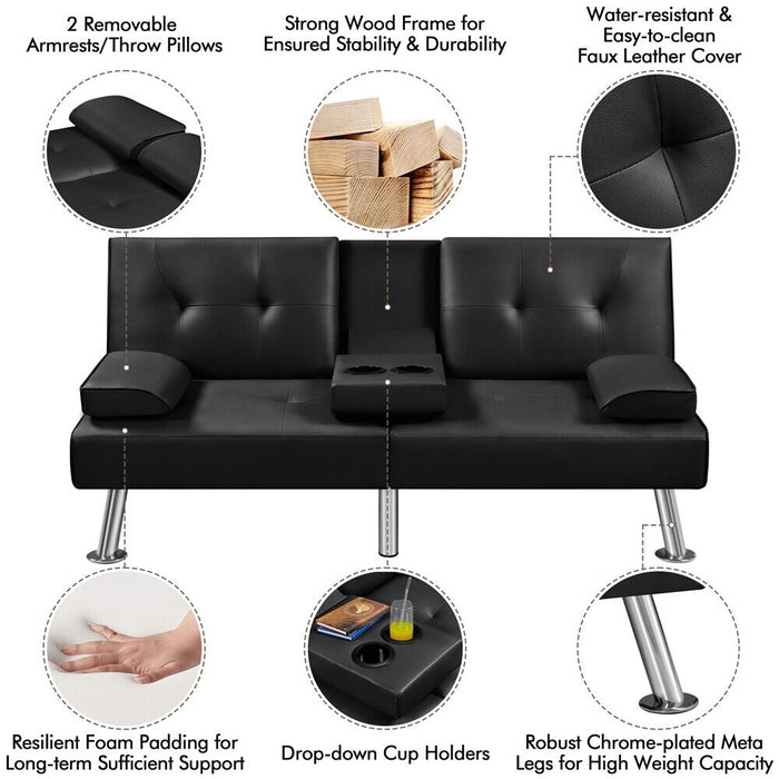 3 - in - 1 Convertible Futon Sofa Bed with Cup Holders and Plush Pillows - Monsta Online