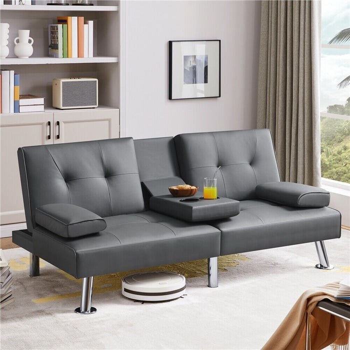 3 - in - 1 Convertible Futon Sofa Bed with Cup Holders and Plush Pillows - Monsta Online