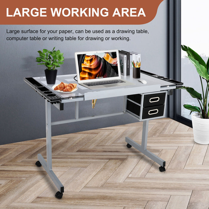 Adjustable Rolling Drawing Drafting Table - Tempered Glass Art Craft Work Station - Monsta Online