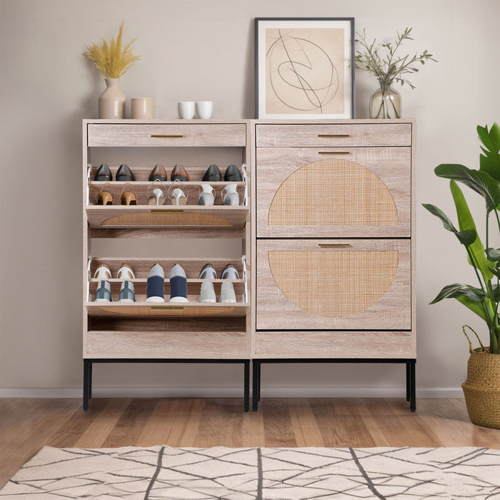 Modern Shoe Cabinet with Rattan Flip Drawers and Metal Frame - Monsta Online