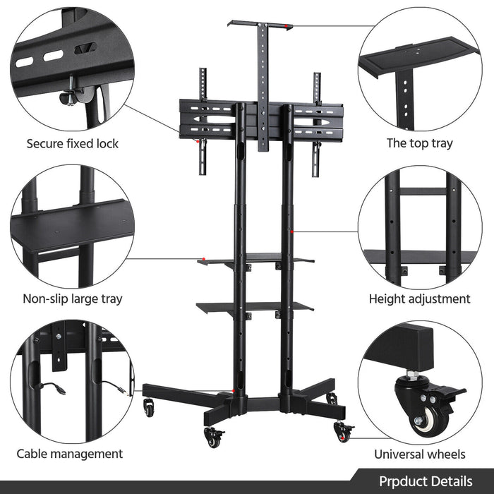 Height Adjustable Rolling TV Stand with Storage Shelves for 32–75 Inch Screens - Monsta Online