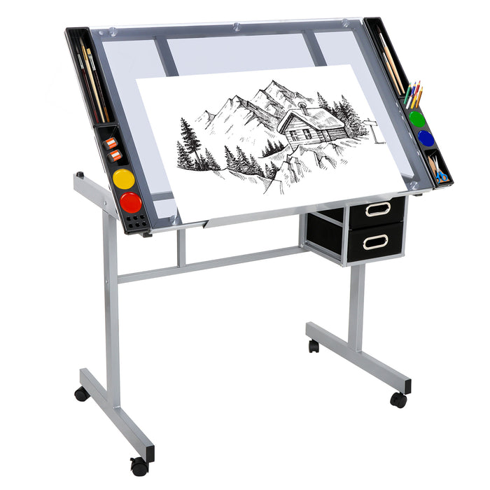 Adjustable Rolling Drawing Drafting Table - Tempered Glass Art Craft Work Station - Monsta Online