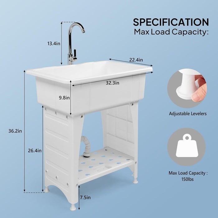 Multi Purpose Utility Laundry Sink with Stainless Steel Faucet and Removable Drainboard - Monsta Online