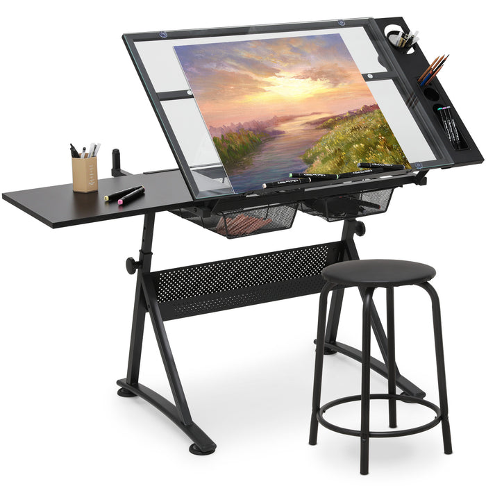 Professional Tempered Glass Drafting Table with Adjustable Angle and Bonus Stool - Monsta Online