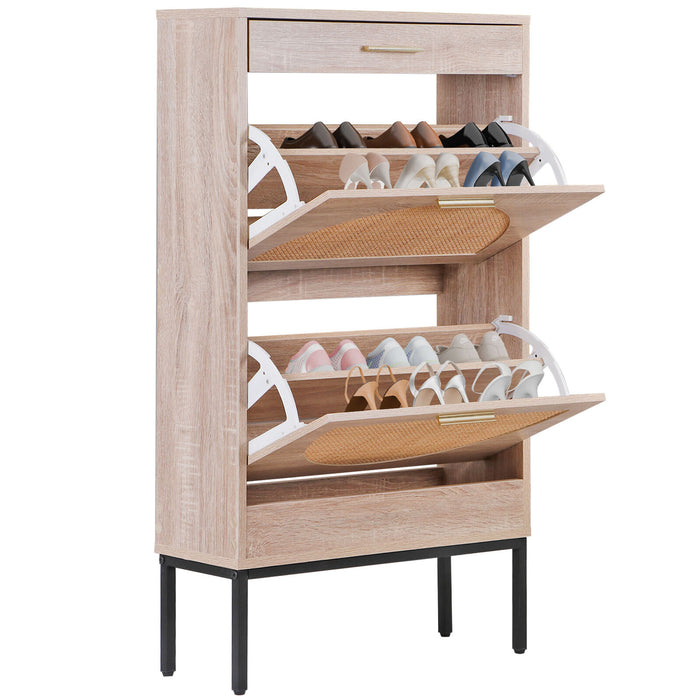 Modern Shoe Cabinet with Rattan Flip Drawers and Metal Frame - Monsta Online