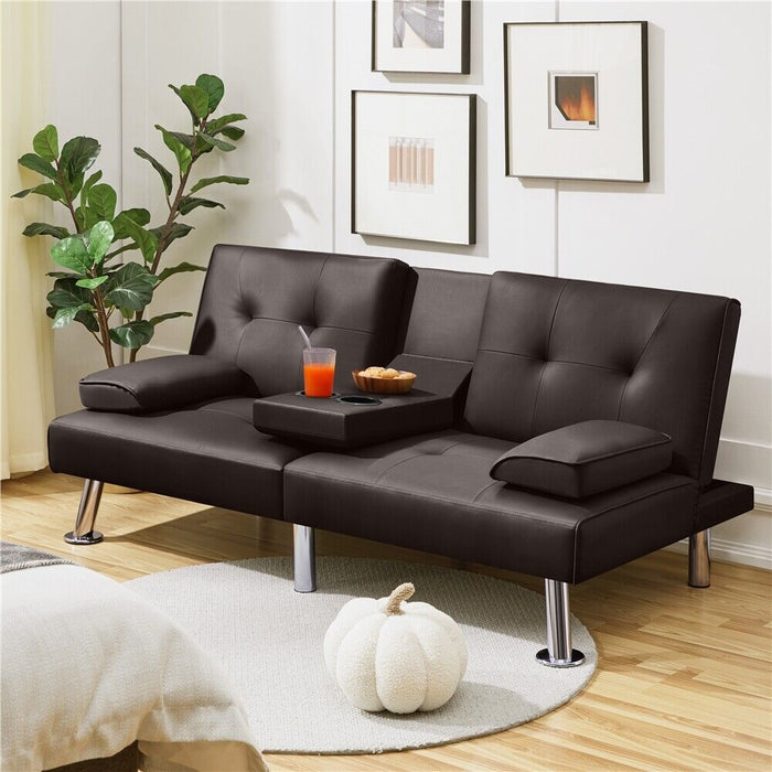 3 - in - 1 Convertible Futon Sofa Bed with Cup Holders and Plush Pillows - Monsta Online