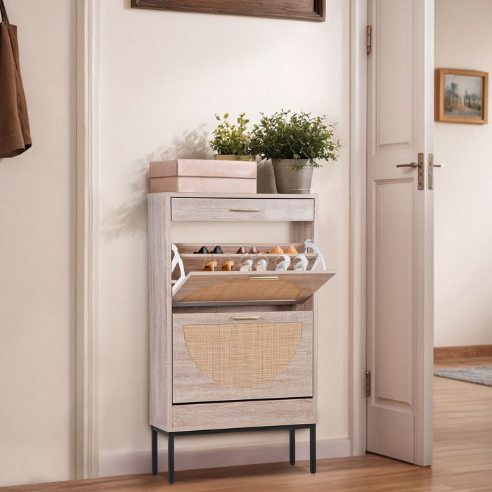 Modern Shoe Cabinet with Rattan Flip Drawers and Metal Frame - Monsta Online