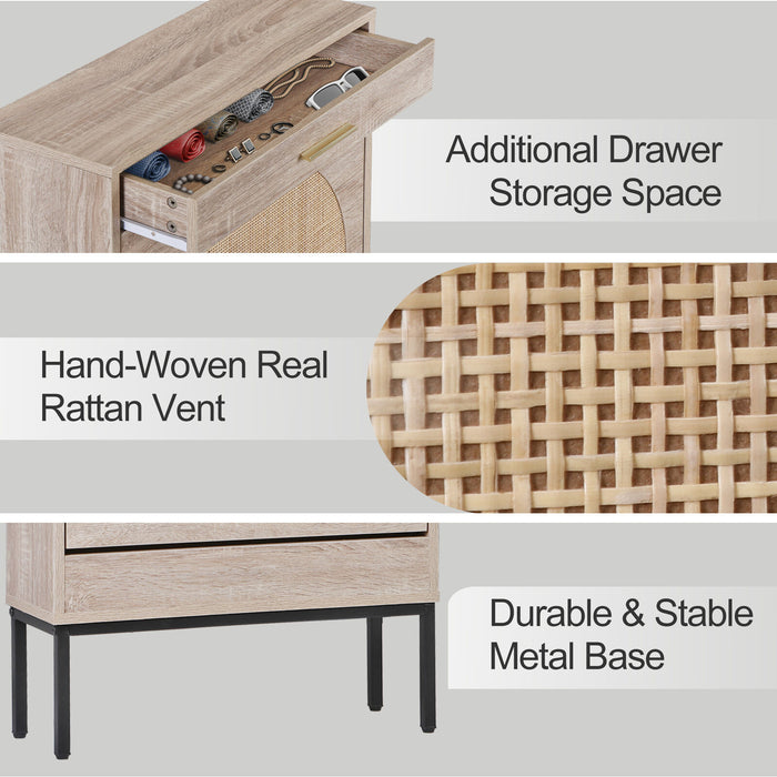 Modern Shoe Cabinet with Rattan Flip Drawers and Metal Frame - Monsta Online