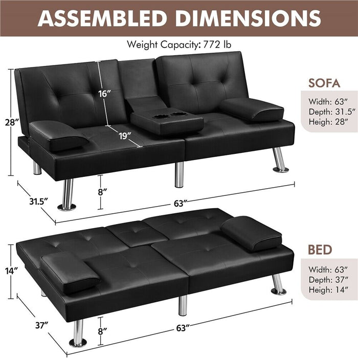 3 - in - 1 Convertible Futon Sofa Bed with Cup Holders and Plush Pillows - Monsta Online