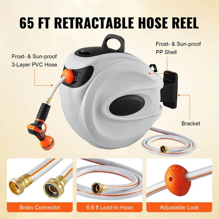 65ft Retractable Garden Hose Reel with 180° Swivel Wall Mount Design - Monsta Online
