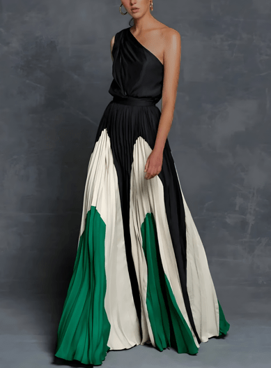 Wexley One - Shoulder Maxi Dress – Women's Asymmetric Pleated Colour - Block Dress - Monsta Online