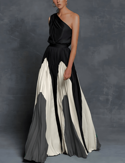Wexley One - Shoulder Maxi Dress – Women's Asymmetric Pleated Colour - Block Dress - Monsta Online