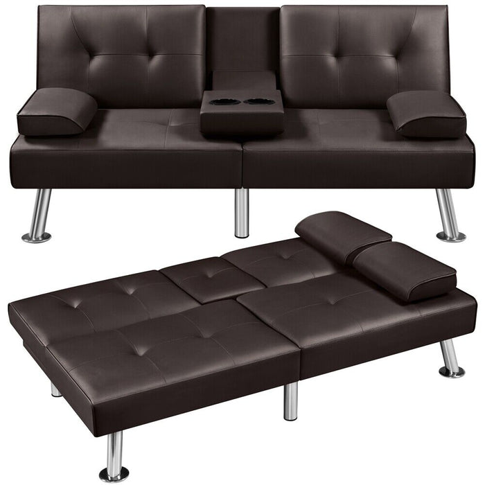 3 - in - 1 Convertible Futon Sofa Bed with Cup Holders and Plush Pillows - Monsta Online