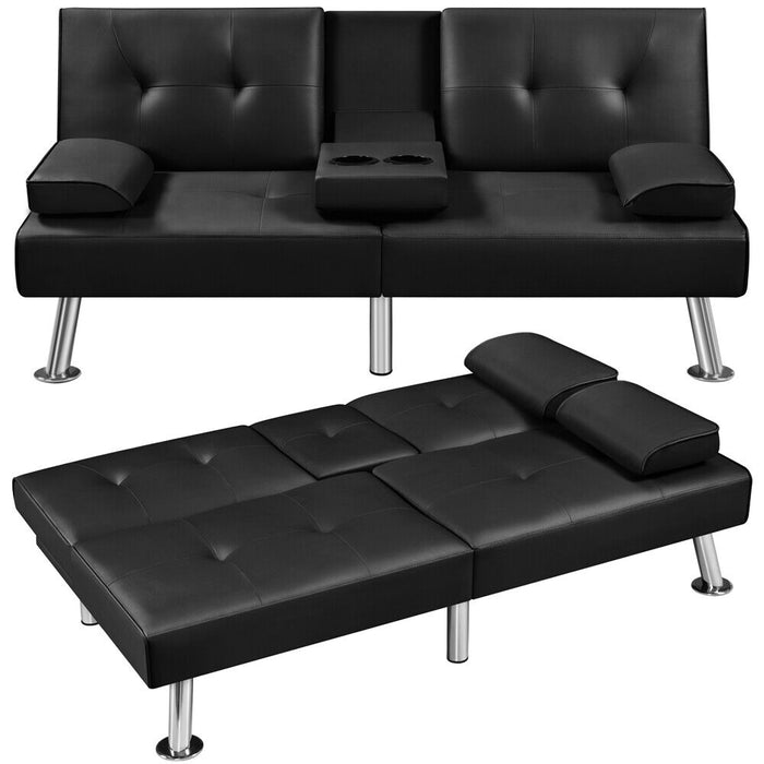 3 - in - 1 Convertible Futon Sofa Bed with Cup Holders and Plush Pillows - Monsta Online