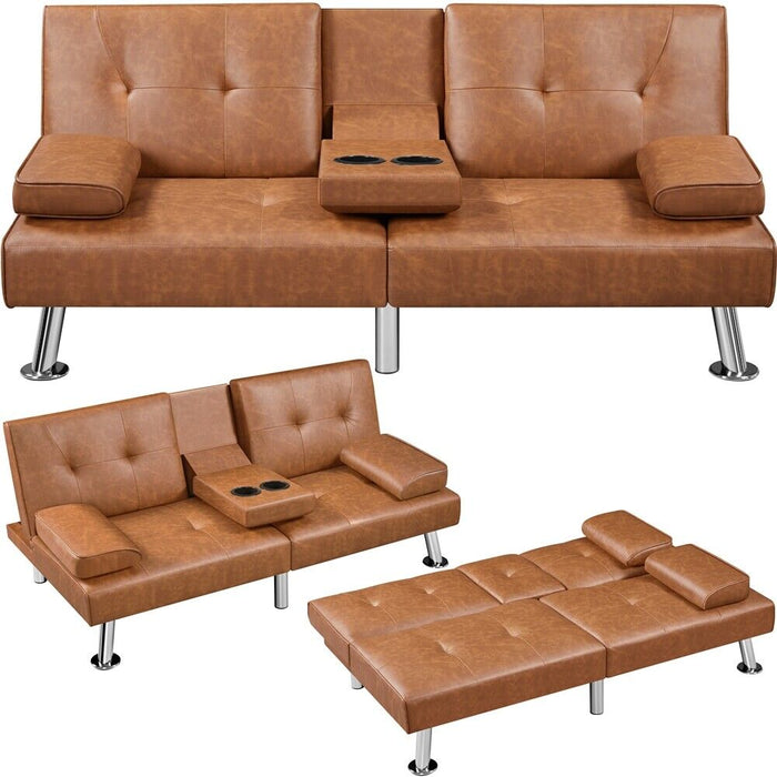 3 - in - 1 Convertible Futon Sofa Bed with Cup Holders and Plush Pillows - Monsta Online