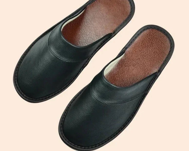 Men's Black Cowhide Leather Slippers – Arch Support, Non - Slip & Lightweight Footwear - Monsta Online