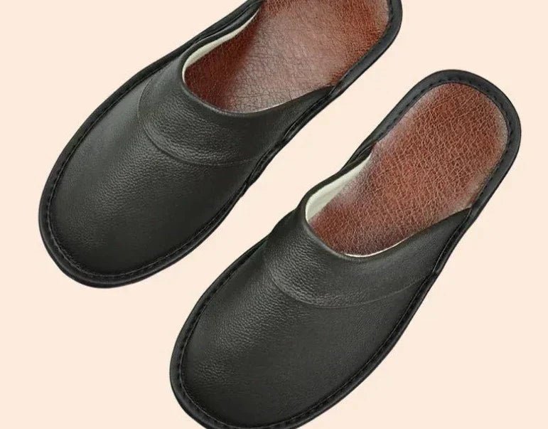 Men's Black Cowhide Leather Slippers – Arch Support, Non - Slip & Lightweight Footwear - Monsta Online
